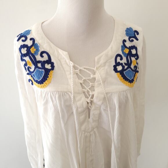 Lovers + Friends Embroidered Peasant Blouse White Lace Up Relaxed XS - Picture 5 of 13